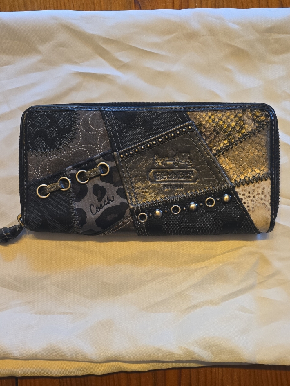 Coach Patchwork Zip-Around Wallet in Black and Gray